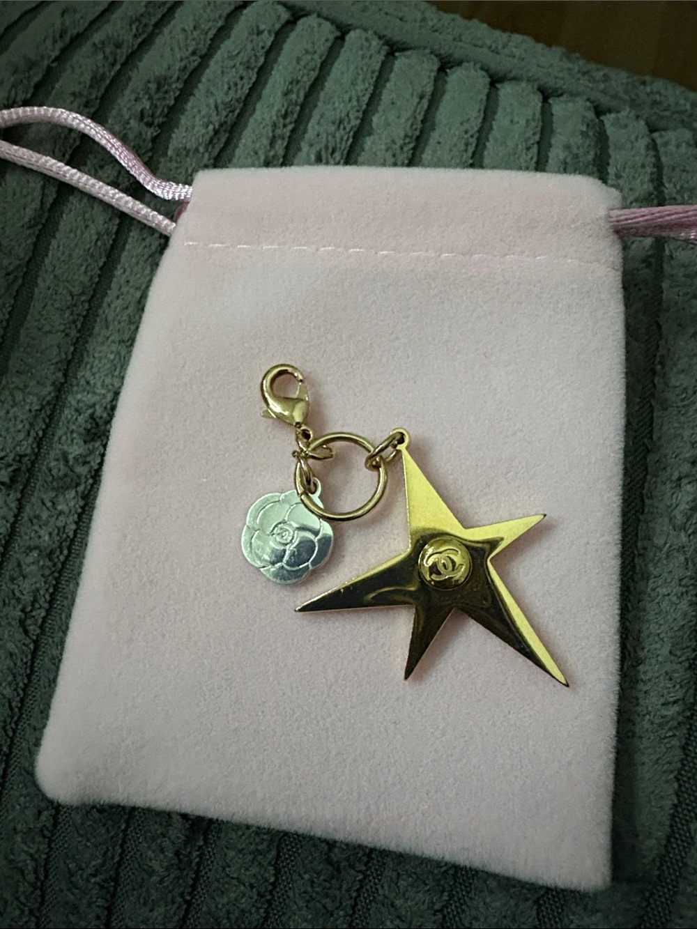 CHANEL Gold Star and Silver Camellia Charm Key Holder